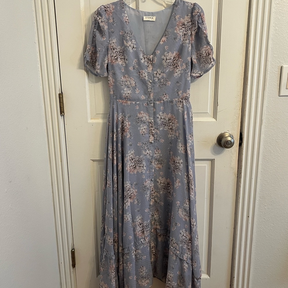 One Loved Babe Dusty Blue Floral Maxi Dress